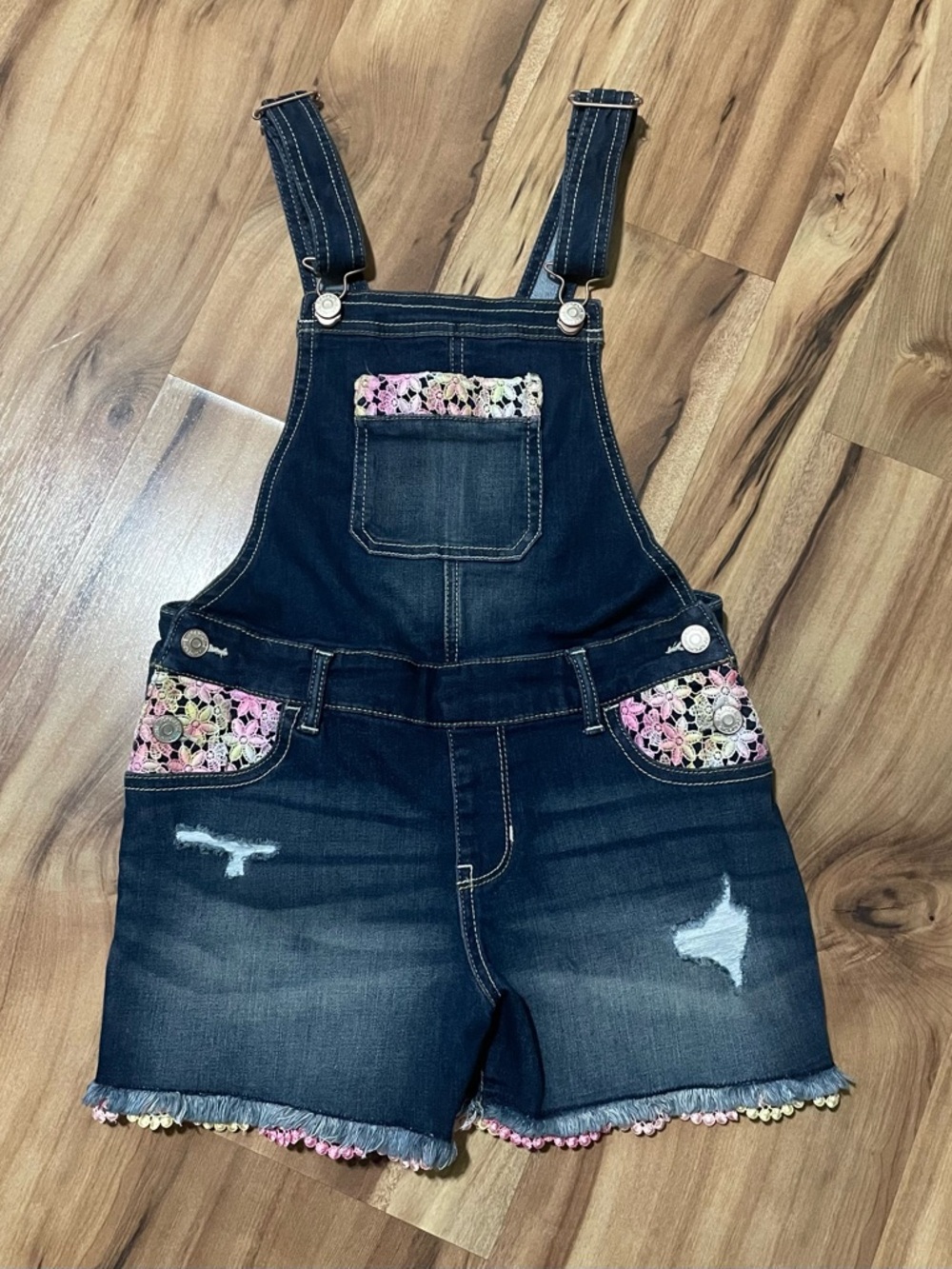 Boho Jordache Denim Short Overalls - Floral Crochet Pockets & Hem Girls 10/12